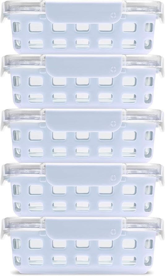 Ello Duraglass 3.4 Cup Meal Prep Sets 10Pc, 5 Pack Set- Glass Food Storage Container with Silicone Sleeve and Airtight BPA-Free Plastic Lids, Dishwasher, Microwave, and Freezer Safe, Halogen Blue