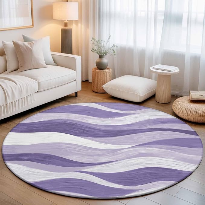 Washable Round Area Rug Abstract Lavender Purple White Water Ripples Circle Rugs Floor Carpet for Living Room Bedroom, Modern Art Soft Non Slip Round Rug 3ft