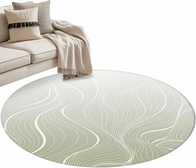 Washable Round Area Rug Sage Green Wavy Gradient Stripes Circle Rugs Floor Carpet for Living Room Bedroom, Geometric Abstract Art Soft Non Slip Round Rug 4ft
