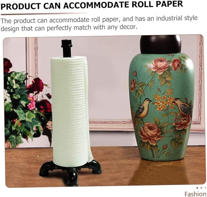 OSALADI Industrial Style Water Pipe Paper Towel Holder Vintage Black Kitchen Tissue Rack Weighted Base Suitable for Home and Restaurant Use