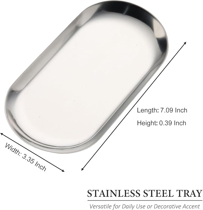 SUTOKAKA Decorative Serving Tray, Manicure Tools Storage Dish, Perfume Jewelry Dinner Placing Plate for Bedroom Kitchen Salon Supplies (Stainless Steel - 2PC, 7.09 * 3.35 * 0.39 Inch)