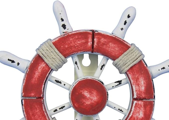 Hampton Nautical Wheel-6-110 Rustic Decorative Ship Wheel with Hook, 6", Red/White
