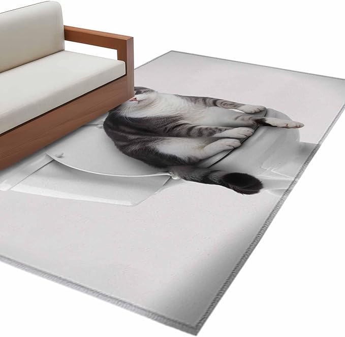 Area Rug 3x5ft, Cute Funny Cat on The Toilet Washable Rugs for Living Room Bedroom, Animal Grey Art Soft Non-Slip Area Rugs Rectangle Floor Carpet for Dining Room