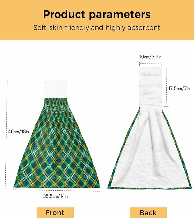 Alandar Home Kitchen Tie Towel Set of 1, Green Tartan Vintage Plaid Absorbent Soft Hand Towels for Bathroom Hanging Towels, Abstract Geometric Seamless Fast Drying Cleaning Cloth with Loop