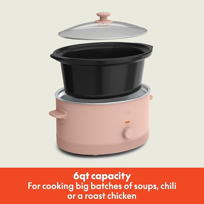 bella 6.0 Qt Manual Slow Cooker, Ceramic Nonstick Coating, 3 Temperature Settings, Dishwasher Safe Stoneware Pot and Tempered Glass Lid, Cool Touch Handles & Tangle Free Cord Wrap, Blossom