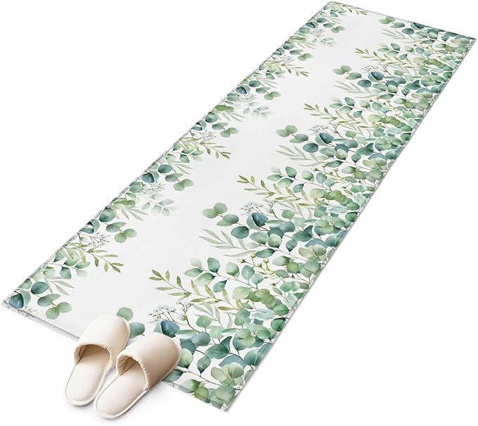 Sage Green Eucalyptus Leaves 2x6 Kitchen Runner Rug, Farmhouse Botanical Non-Skid Rubber Backing Large Rectangle Rugs - Living Room Bedroom Home Office, Country Indoor Floor Mat Carpets Washable Rug