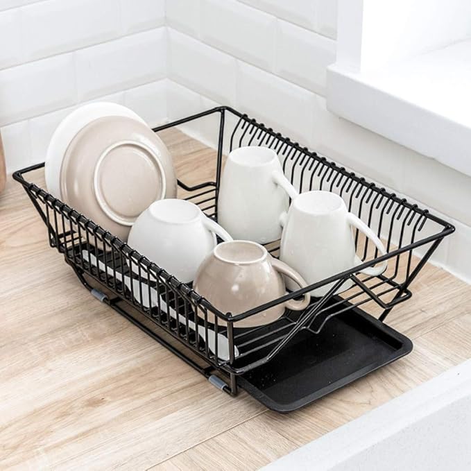 Kitchen Storage Rack Multifunction Dish Drying Rack Drainer Organizer Cups Bowl Kitchen Tools Tableware Storage Basket (Color : Black)
