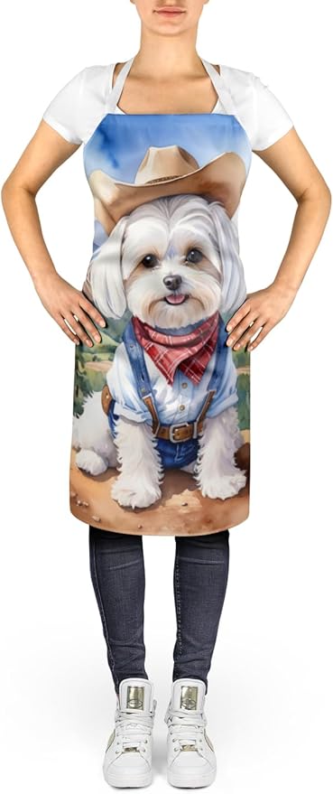 Caroline's Treasures Maltese Cowboy Welcome Apron Cooking Kitchen Server Baking Crafts Gardening for Adult Women Men, Unisex, Large, Multicolor