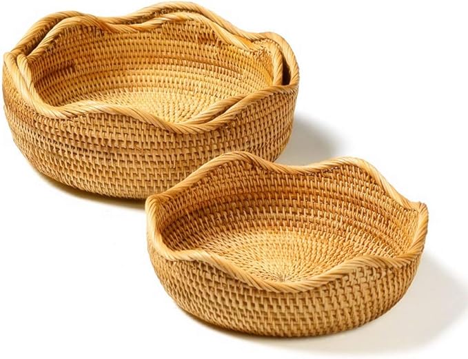 Handmade Rattan Round Fruit Basket Food Storage Bowls Kitchen Organizer Snack Serving Bowl, 11 Inch Boho Wicker Bread Bowl Woven Basket Décor for Nuts with 3”Side and Wavy Edge (Large 11")