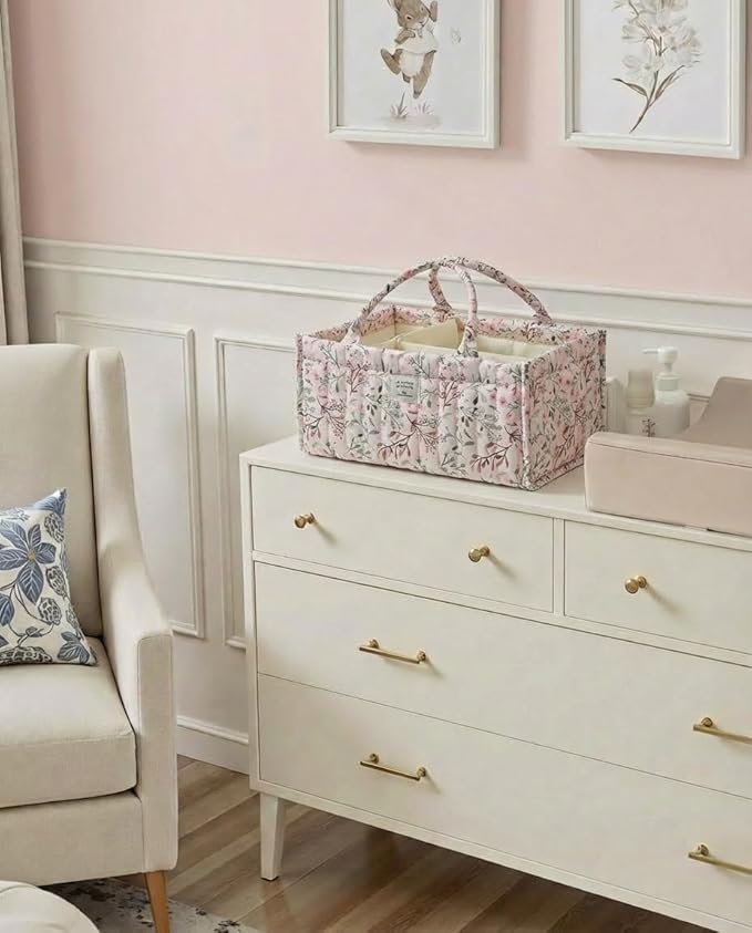 Quilted Fabric Storage Basket Floral Baby Diaper Caddy Quilted Basket Organizer for Newborn Nursery Bedroom Car Storage