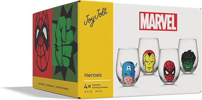 JoyJolt Marvel Heroes Stemless Drinking Glasses, 19oz Superhero Cups ft Hulk Captain America Spiderman and Iron Man, Avengers Glassware Set of 4, Marvel Gifts for Men and Women