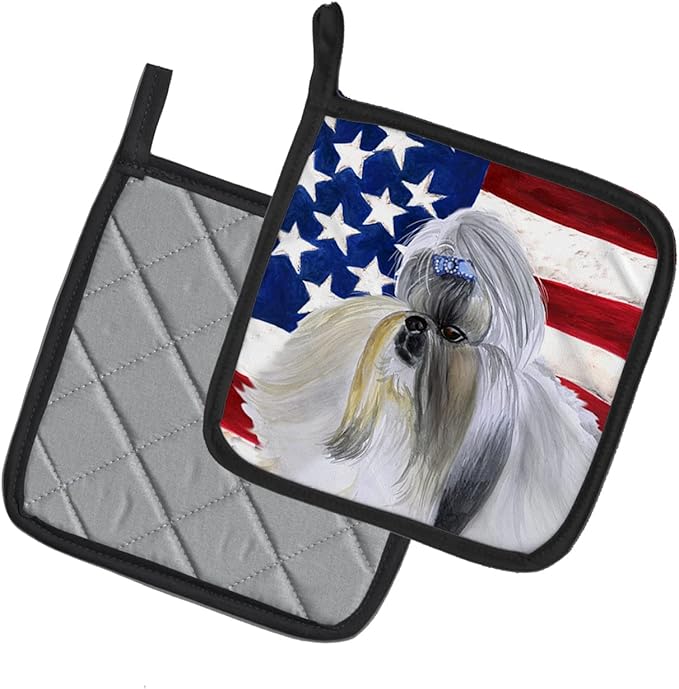 Caroline's Treasures BB9666PTHD Shih Tzu Patriotic Pair of Pot Holders Kitchen Heat Resistant Pot Holders Sets Oven Hot Pads for Cooking Baking BBQ, 7 1/2 x 7 1/2