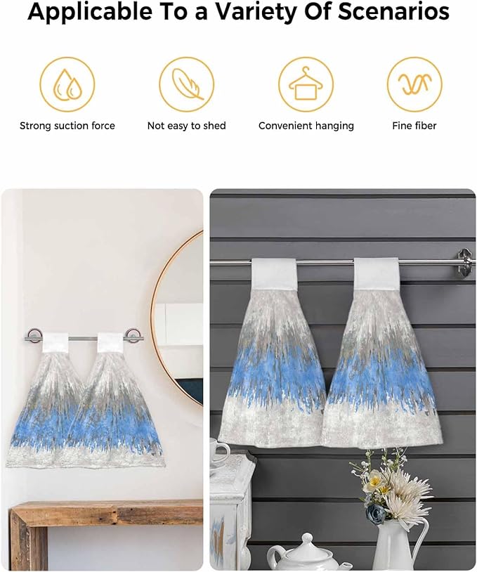 Alandar Home Kitchen Tie Towel Set of 2, Abstract Blue Grey Graffiti Absorbent Soft Hand Towels for Bathroom Hanging Towels, Modern Minimalist Style Fast Drying Cleaning Cloth with Loop