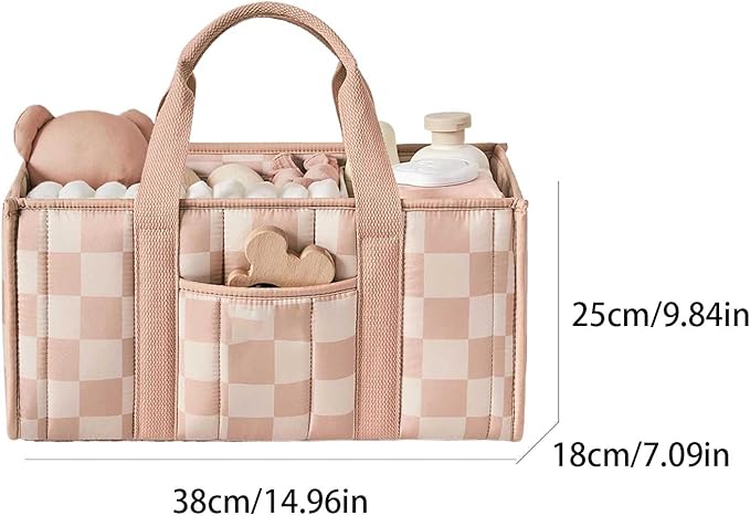 Quilted Fabric Storage Basket Floral Baby Diaper Caddy Quilted Basket for Nursery Bedroom Car Storage (L- Pink Plaid)