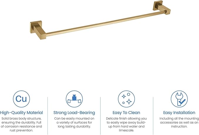 KIBI Cube 24 Inch Bathroom Towel Bar | Wall Mounted Solid Brass Towel Hanger with Corrosion-Resistant Finish | Sleek and Durable Towel Holder for Bathroom Organization (Brushed Brass, KBA1504)