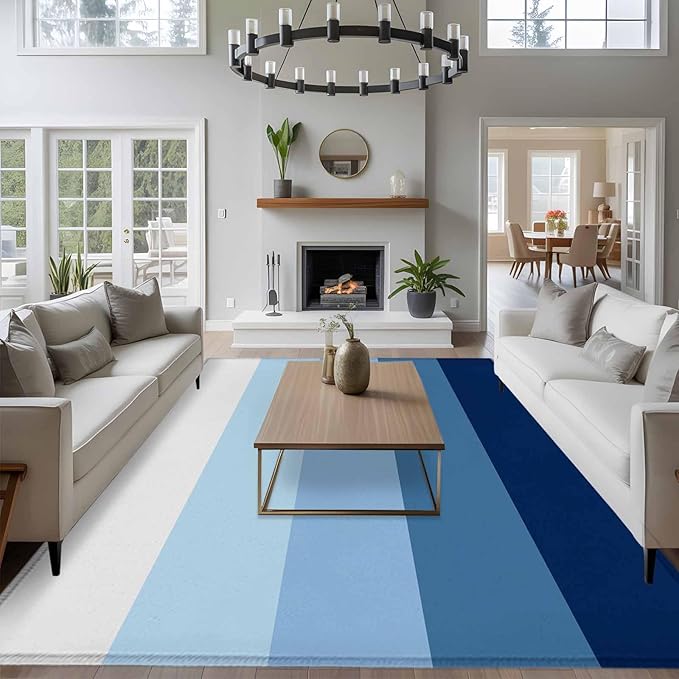 Area Rug 6x9ft, Minimalist Blue White Ombre Stripe Washable Rugs for Living Room Bedroom, Modern Gradient Art Soft Non-Slip Area Rugs Rectangle Floor Carpet for Dining Room