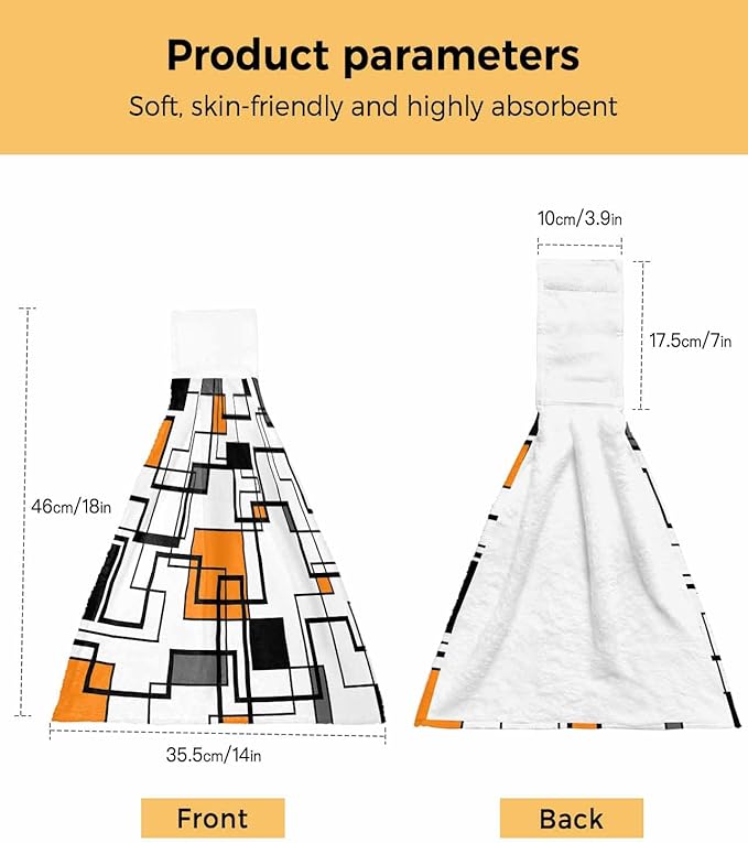 Alandar Home Kitchen Tie Towel Set of 2, Orange Black Geometric Lines Art Absorbent Soft Hand Towels for Bathroom Hanging Towels, Abstract Color Block Fast Drying Cleaning Cloth with Loop