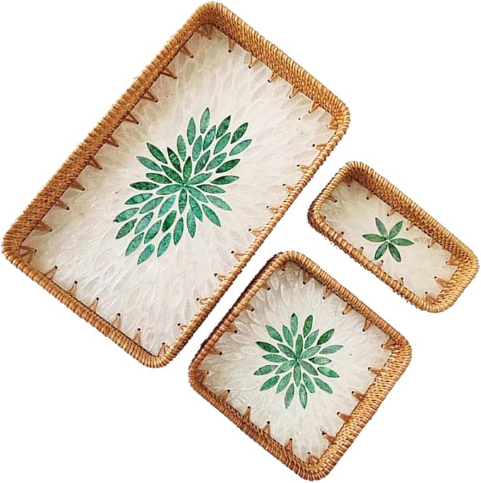 i-lan Set of 3 15" Rectangular Rattan and Mother of Pearl Serving Tray, Green Leaf Pattern Decorative,Boho Rectangule Natural Rattan Woven Trays for Entryway Kitchen Bathroom Counter
