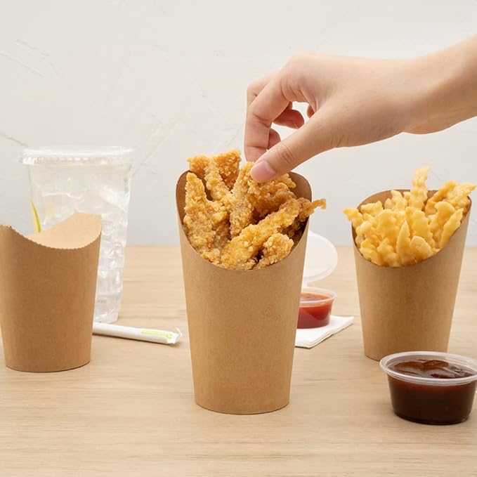 Restaurantware Bio Tek 16 Ounce French Fry Containers 100 Disposable Charcuterie Cups - Incline Design Round Kraft Paper French Fry Cups Stackable For Waffles Chips or Popcorn