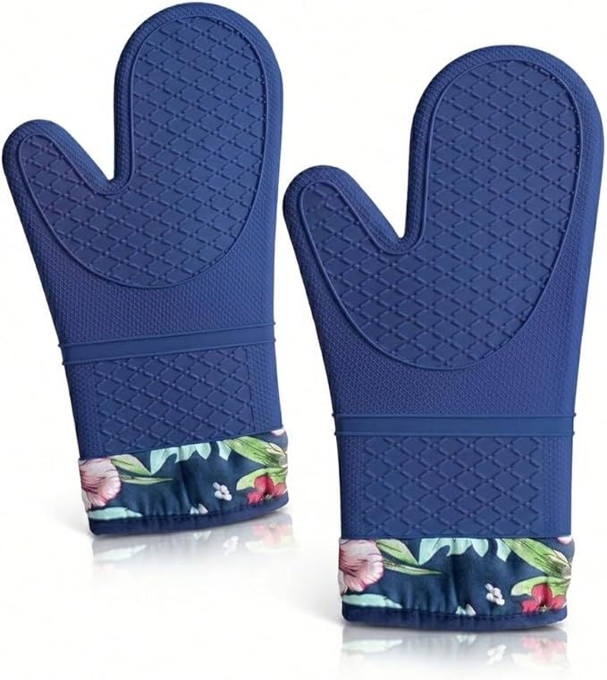 Pair of 2 Heat-Resistant Silicone Oven Mitts – Extra Long, Non-Slip Grip, Soft Cotton Lining, Perfect for Baking, Cooking & BBQ – 13” x 7” Kitchen Gloves (Blue Flora)