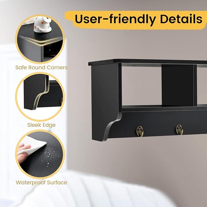 Casart Hanging Shelf Wall Mounted Storage Cabinets W/Hooks for Bedroom, Living Room and Entryway (Black)