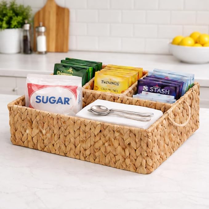 Storage Basket with Handles, Water Hyacinth Storage Baskets, Wicker Diaper Caddy, Basket with dividers, Countertop Organizer for Bathroom, Living Room, Home(15.75*11.03*5.52 inches)