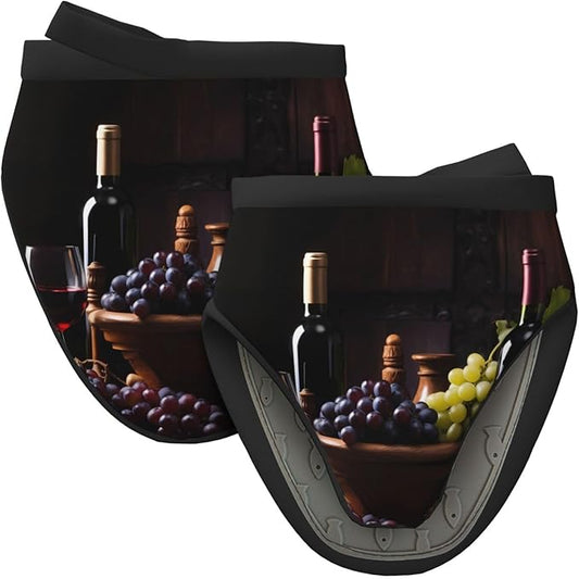 2 Pcs Mini Silicone Oven Mitts Glasses Wine Grapes Heat Resistant Grill Gloves with Hanging Loop, Fresh Fruit Leaf Little Kitchen Mittens for Cooking Baking BBQ