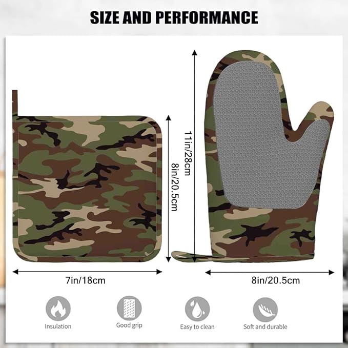 Mxocom Army Camouflage Oven Mitt and Pot Holder with Silicone Hunting Camo Green Hunter Heat Resistant Kitchen for Cooking BBQ Baking Grilling Spring/Summer