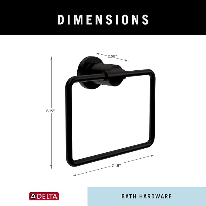 Delta Nicoli (1-Pack) Hand Towel Holder Matte Black Towel Racks for Bathroom Wall Square Towel Ring Holder for Bath Towel Hanger for Kitchen, Bathroom Accessories NIC46-MB