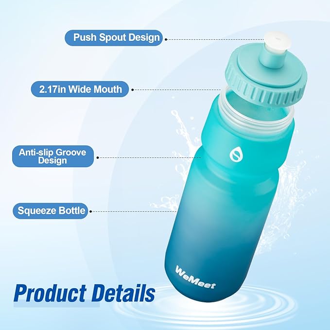 WEMEET 24oz Cycling Sports Bottle, Fits Most Bike Cages, LeakProof, BPA Free, Mountain Bike Squeeze Bottle with Capacity Scale, for Gym, Travel,Hiking (Black & Green Blue, 2 Pack)