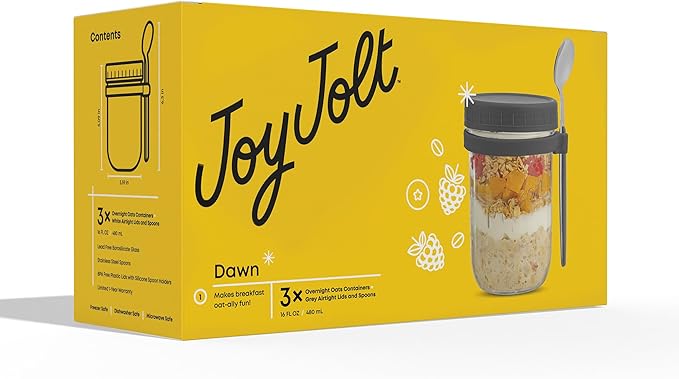 JoyJolt 3-Pack Overnight Oats Containers with Lids and Spoons Set, 16 oz Mason Jars for Overnight Oats, Chia Pudding Jars with Lids - BPA-Free, Leak Proof Small Containers for Meal Prep
