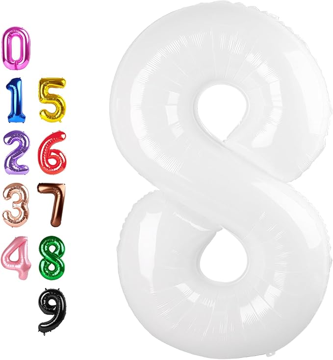 8Th Numbers Balloon 40 Inch, White Birthday Decorations For Women Men, Number Balloons for 8, 18, 28 Wedding, Anniversaries, Celebration, Graduation