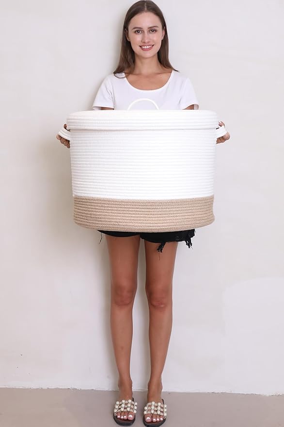 Cottonphant 20" x 20" x 15" Extra Large Storage Basket with Lid, Cotton Rope Storage Baskets, Laundry Hamper, Cloth Bin, for Clothes Towels Blankets Pillows Storage in Living Room, White/Jute Bottom