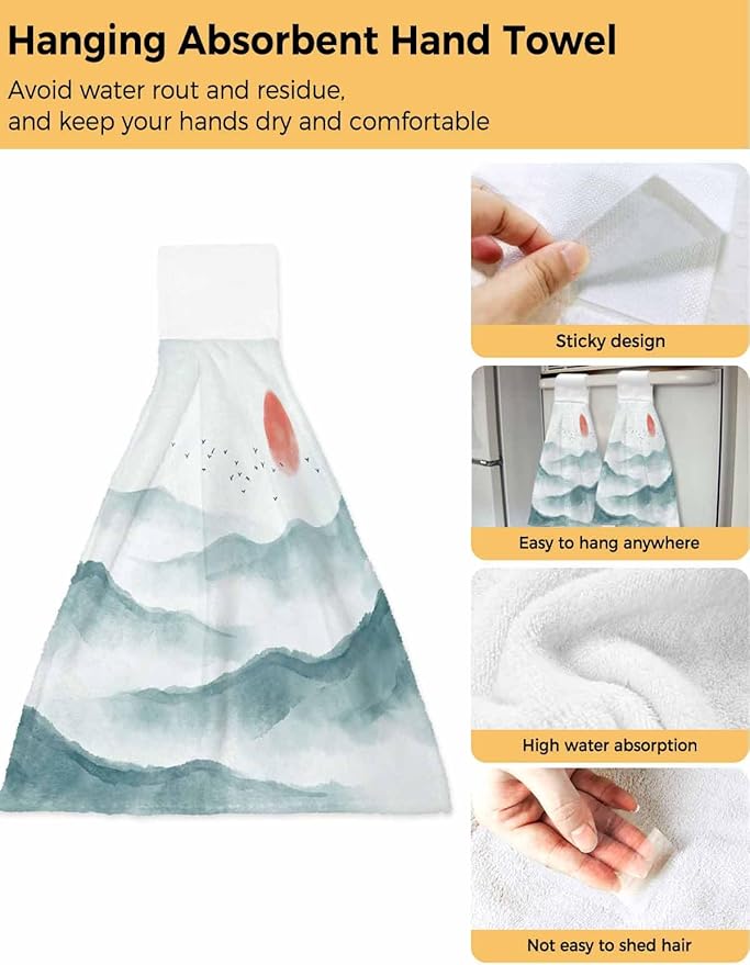 Alandar Home Kitchen Tie Towel Set of 2, Watercolor Mountains Landscape Absorbent Soft Hand Towels for Bathroom Hanging Towels, Asian Zen Painting Fast Drying Cleaning Cloth with Loop