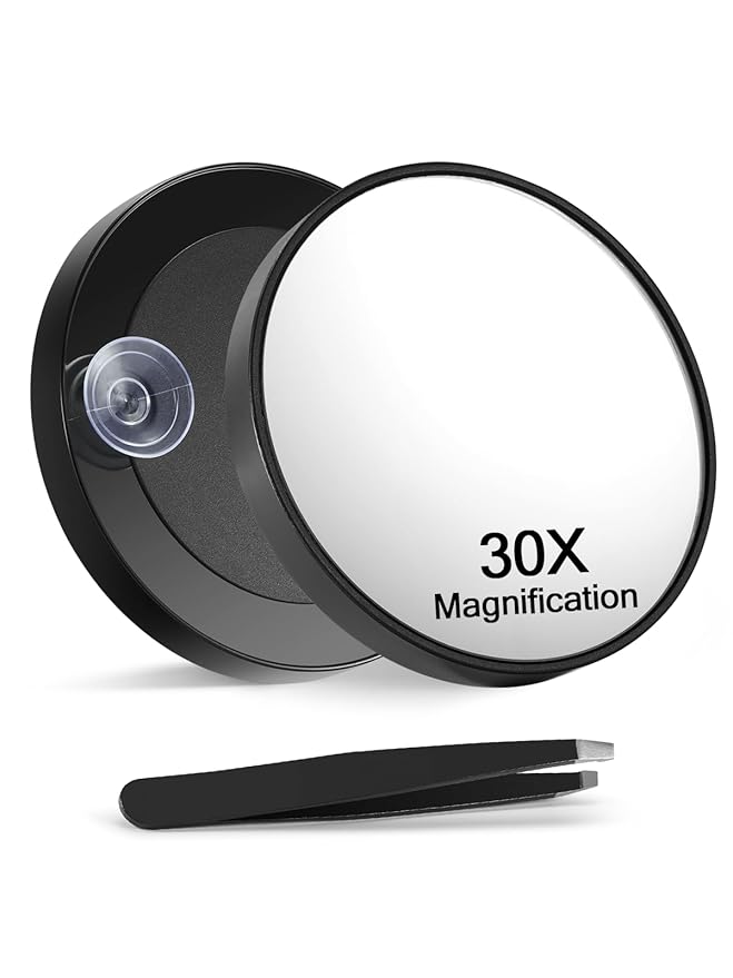 Macaki 30X Magnifying Mirror with 2 Suction Cups, 3.5 inches Magnified Makeup Mirror and Slant Tweezers,Black,1PC