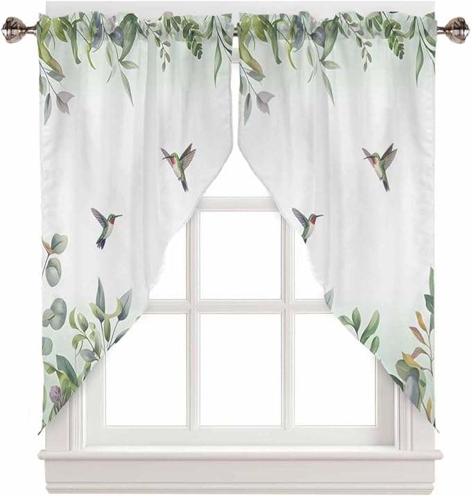 Leaf Swag Valance Curtains - Plants Leaves Green Hummingbird Watercolor Style Rod Pocket Kitchen Curtains Scalloped Window Treatment Valances Swag for Living Room, 1 Pair, 28" W x 36" L