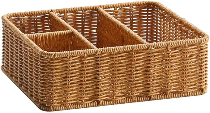 Wicker Divided Storage Basket, Rectangular Hand-woven Baskets Plastic Drawer Baskets Organizer for Organizing Cabinet Coffee Table Toilet Paper