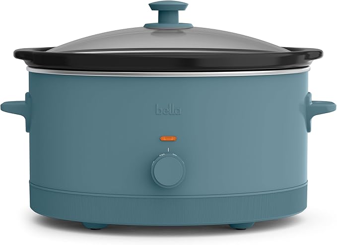 bella 6.0 Qt Manual Slow Cooker, Ceramic Nonstick Coating, 3 Temperature Settings, Dishwasher Safe Stoneware Pot and Tempered Glass Lid, Cool Touch Handles & Tangle Free Cord Wrap, Surf