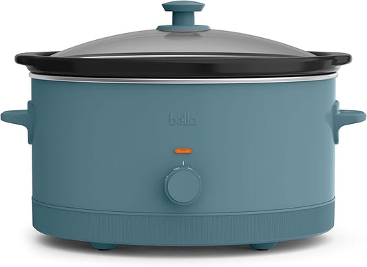 bella 6.0 Qt Manual Slow Cooker, Ceramic Nonstick Coating, 3 Temperature Settings, Dishwasher Safe Stoneware Pot and Tempered Glass Lid, Cool Touch Handles & Tangle Free Cord Wrap, Surf