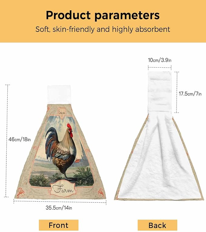 Alandar Home Kitchen Tie Towel Set of 2, Farmhouse Rustic Animal Rooster Absorbent Soft Hand Towels for Bathroom Hanging Towels, Vintage Flower Texture Fast Drying Cleaning Cloth with Loop