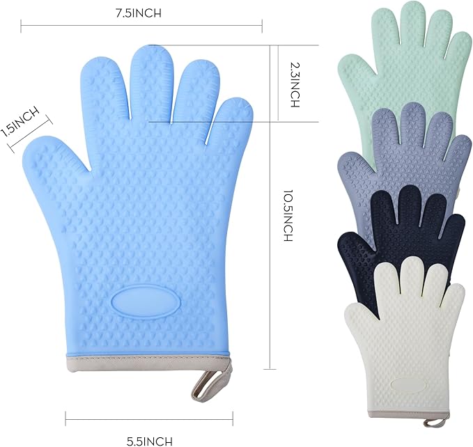 Silicone Oven Mitts Heat,1 Pair Non-Slip Five-Finger Oven Gloves, Waterproof Flexible BBQ Grilling Gloves with Hanging Loops, Kitchen Mitts for Baking Cooking Frying (Sky Blue)