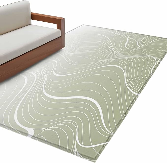 Area Rug 3x5ft, Sage Green Wavy Gradient Stripes Washable Rugs for Living Room Bedroom, Geometric Abstract Art Soft Non-Slip Area Rugs Rectangle Floor Carpet for Dining Room