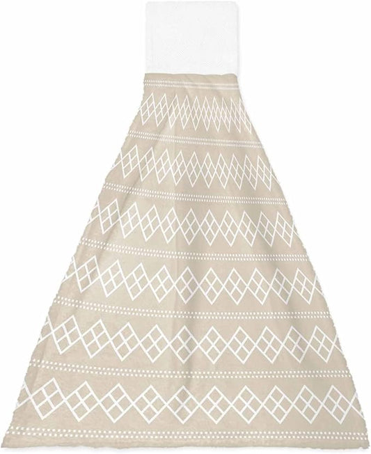 Alandar Home Kitchen Tie Towel Set of 1, Modern Dotted Line Square on Beige Absorbent Soft Hand Towels for Bathroom Hanging Towels, Abstract Geometric Texture Fast Drying Cleaning Cloth with Loop