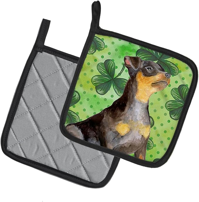 Caroline's Treasures BB9898PTHD Miniature Pinscher #2 St Patrick's Pair of Pot Holders, Green Kitchen Heat Resistant Pot Holders Sets Oven Hot Pads for Cooking Baking BBQ, 7 1/2 x 7 1/2
