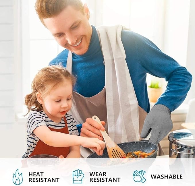 1 Pair Grey Heat Resistant Gloves Oven Gloves Heat Resistant with Fingers Mitts Kitchen Pot Holders Cotton Kitchen Holders Double Oven Mitts Set with Fingers