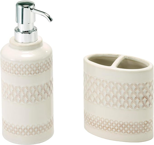 Nicole Miller – Bathroom Accessory Set, Toothbrush Holder and Lotion Dispenser, Glossy Embossed Ceramic Reactive Glaze Detail, Classic Home Decor – Perfect for Organizing Bathroom Essentials (Lyra)