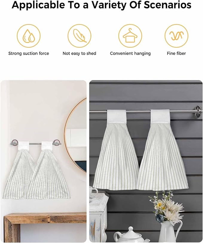 Alandar Home Kitchen Tie Towel Set of 2, Sage Green Striped on White Art Absorbent Soft Hand Towels for Bathroom Hanging Towels, Minimalist Modern Texture Fast Drying Cleaning Cloth with Loop