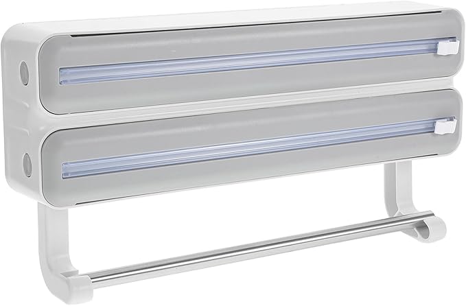 SHOWERORO Kitchen Wrap Dispenser with Cutter Dual-layer Foil and Cling Film Organizer for Effortless Cutting Material Grey Home and Professional Use