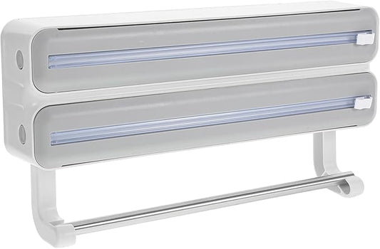 SHOWERORO Kitchen Wrap Dispenser with Cutter Dual-layer Foil and Cling Film Organizer for Effortless Cutting Material Grey Home and Professional Use