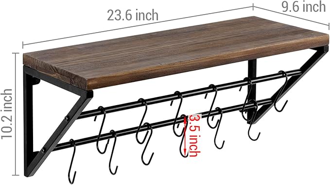 MyGift Urban Industrial Burnt Solid Wood Kitchen Floating Shelf with Black Metal Brackets for Pots and Pans with 12 S-Hooks Utensil Hanger, Wall Mounted Storage Display Shelving